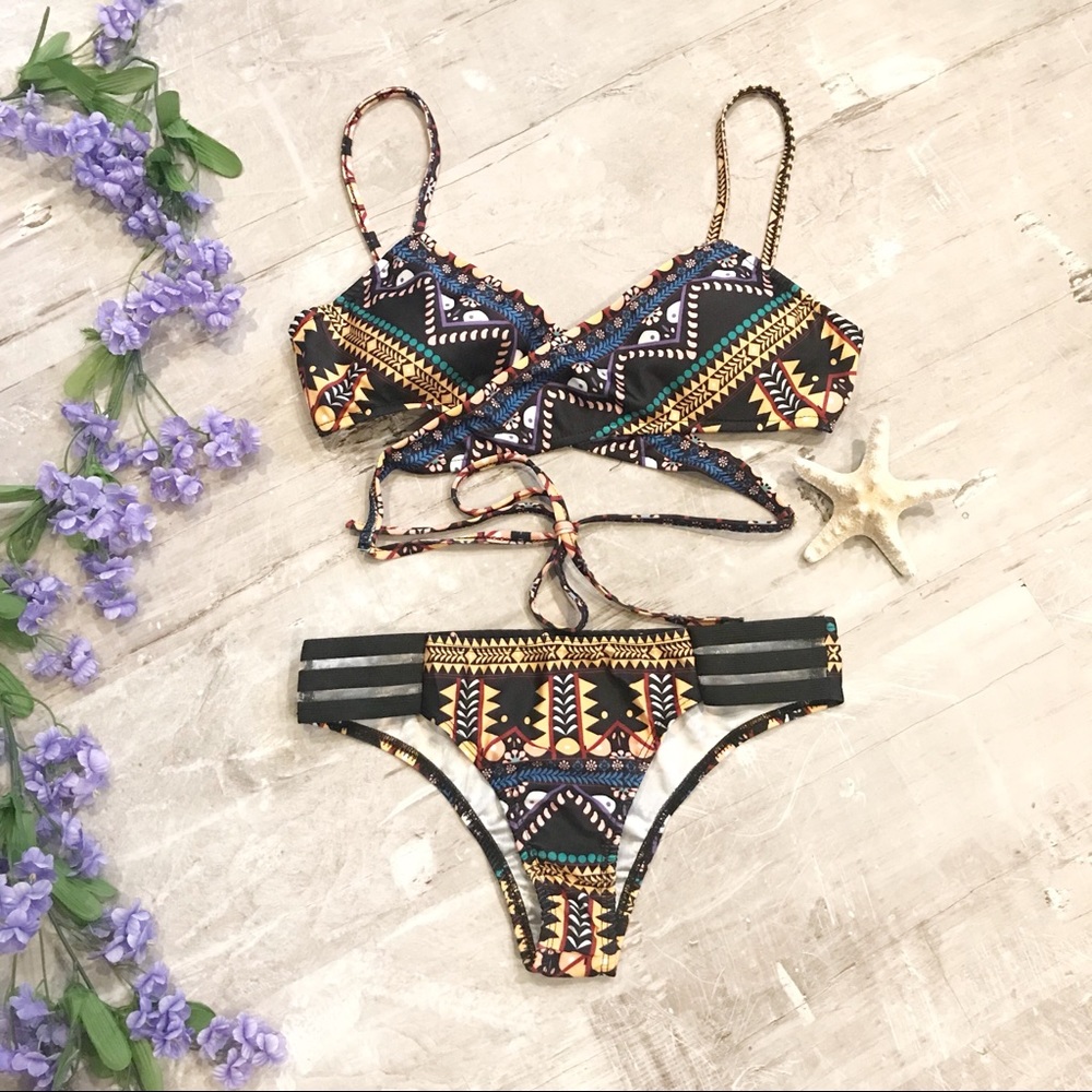 Aztec Bandage Strappy Bikini Swimsuit Bra Cups - Picture 2 of 4